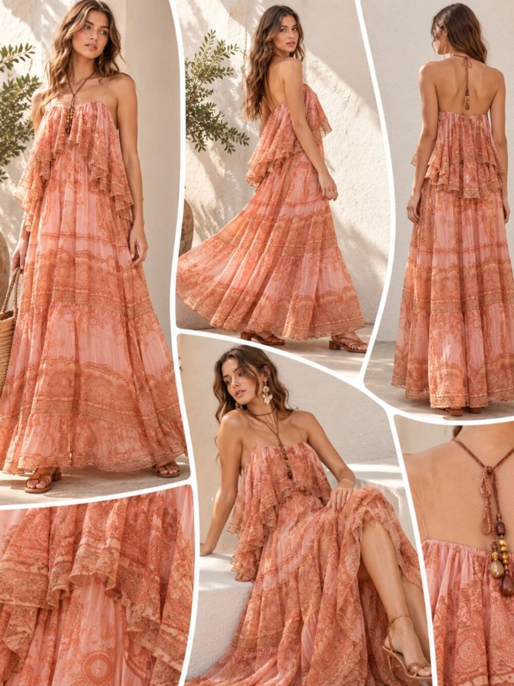 ZIMMERMANN Peach Paisley Ruffle Strapless Boho Maxi Dress Size 0 NWT